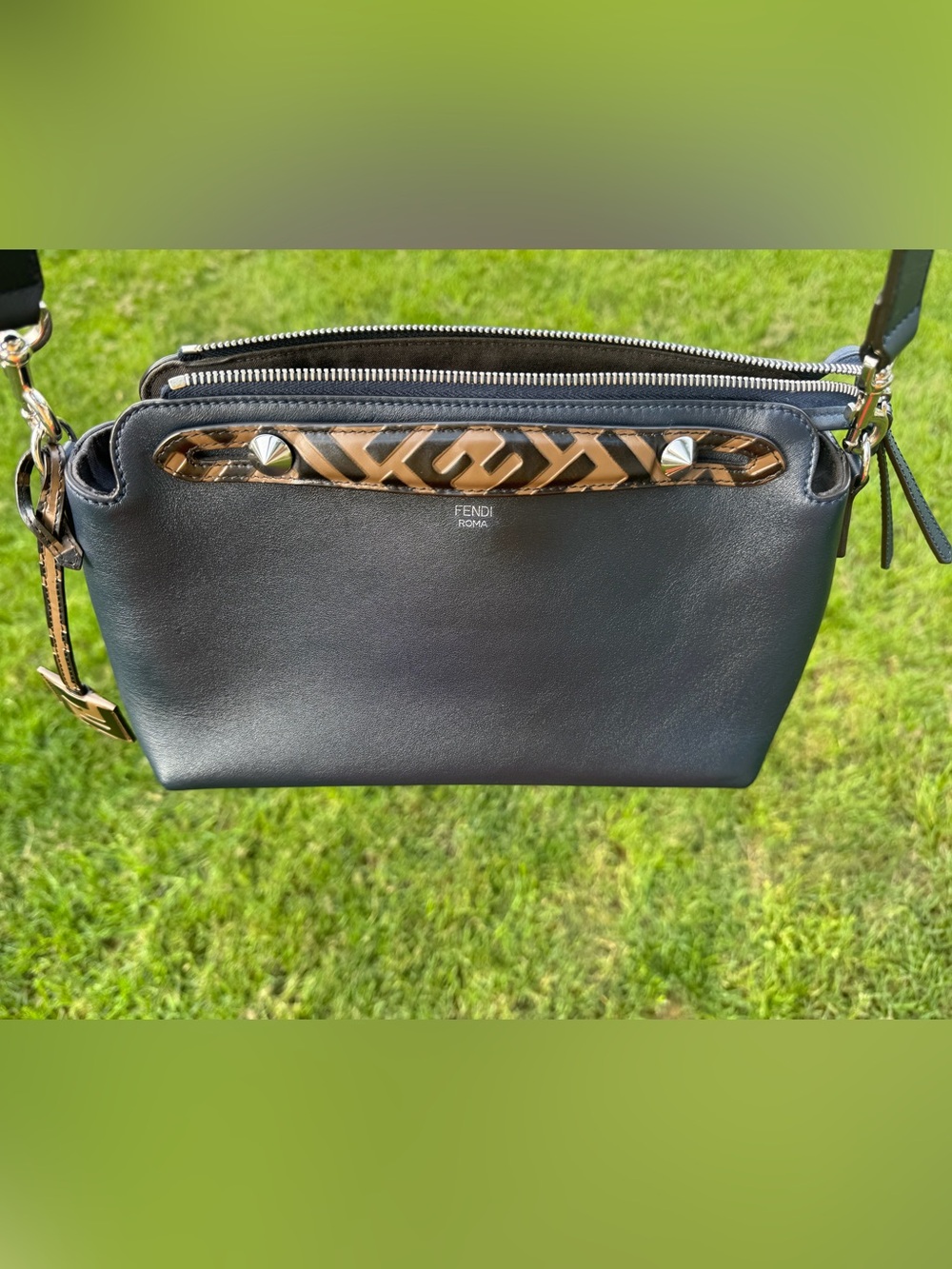 Fendi Navy Blue Leather  Bag with Brown Fendi Zucca Trim